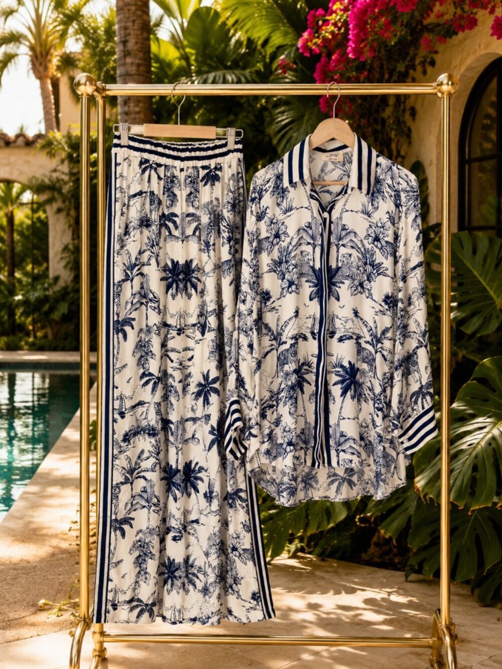 Italian Satin Tropical Jungle Print 2 Piece Set Women Palm Shirt Pants OS - Picture 1 of 11